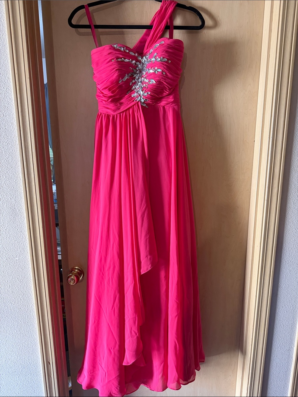 Hot Pink Halter Evening Gown with Silver Embellishment